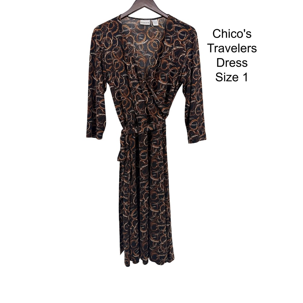 Chicos Travelers Dress Womens Size 1 Brown Black Abstract Circle Wrap Midi